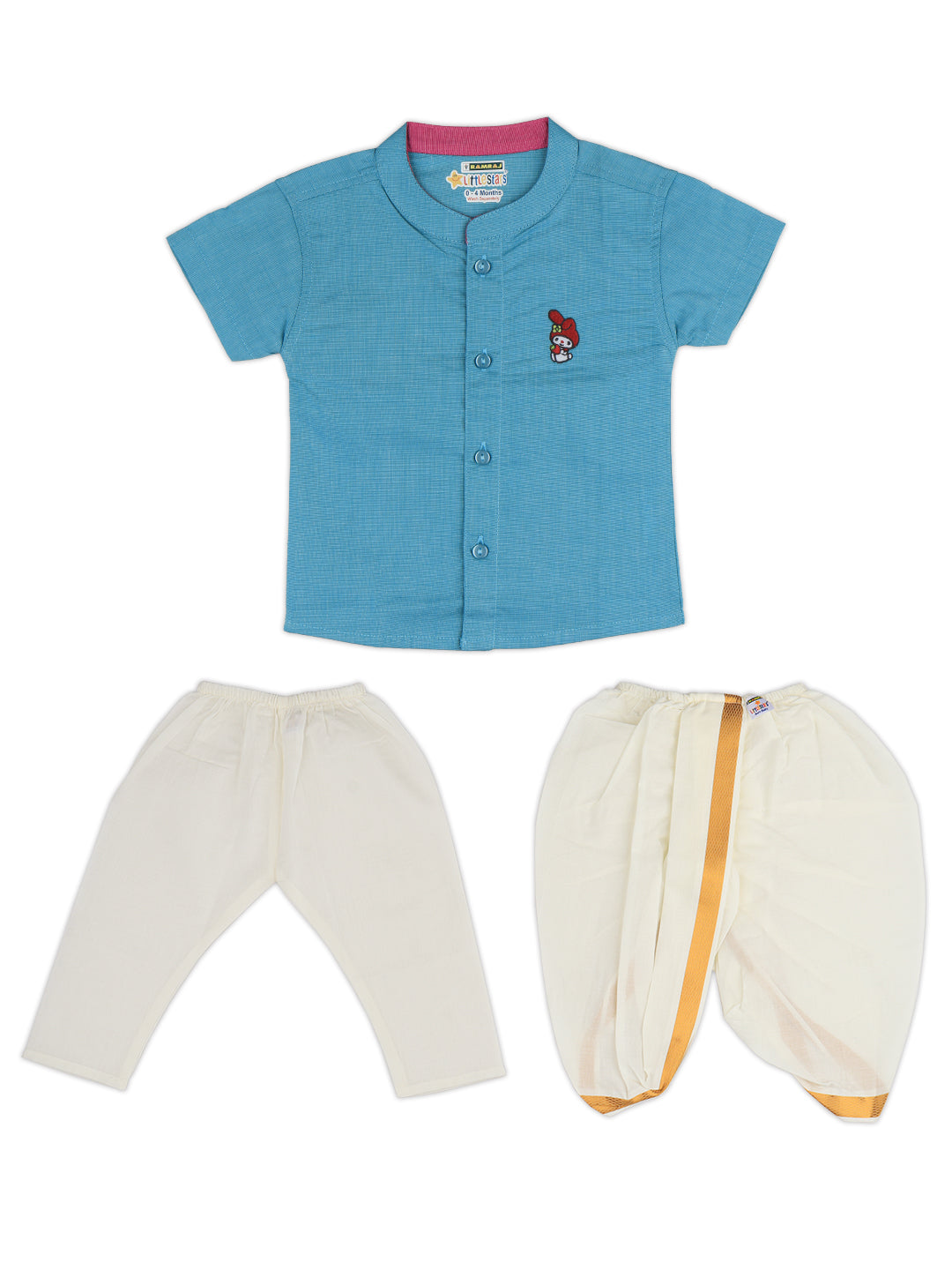 Born Baby Panchakacham Set  (Newborn Baby Blue Shirt with Pant and Panchakacham Set) - Ramraj Cotton
