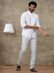 Cotton Blend Chinese Collar White Full Shirt - 38 - Ramraj Cotton