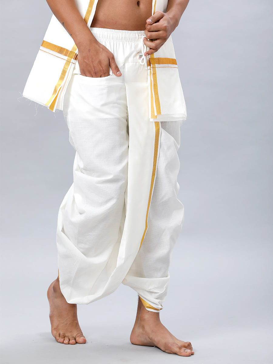 Men Readymade Cream Panchakacham (Men Readymade Cream Panchakacham & Angavastram with Gold Jari Border - 34) - Ramraj Cotton