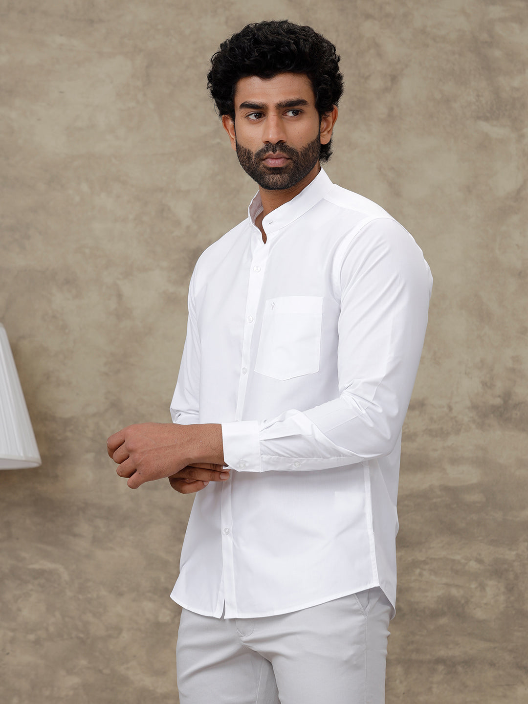 Cotton Blend Chinese Collar White Full Shirt - 38 - Ramraj Cotton